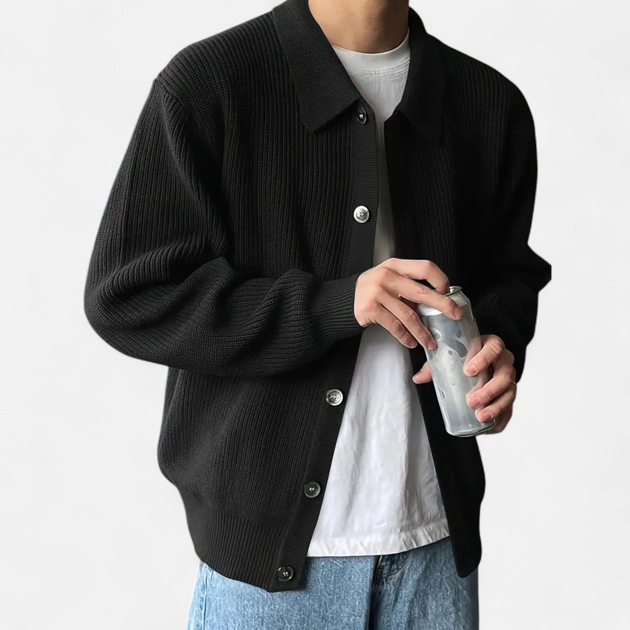 Men’s Academic Knit Cardigan Lapel Collar-Cardigan-Calvaro-Black-S-ByCalvaro