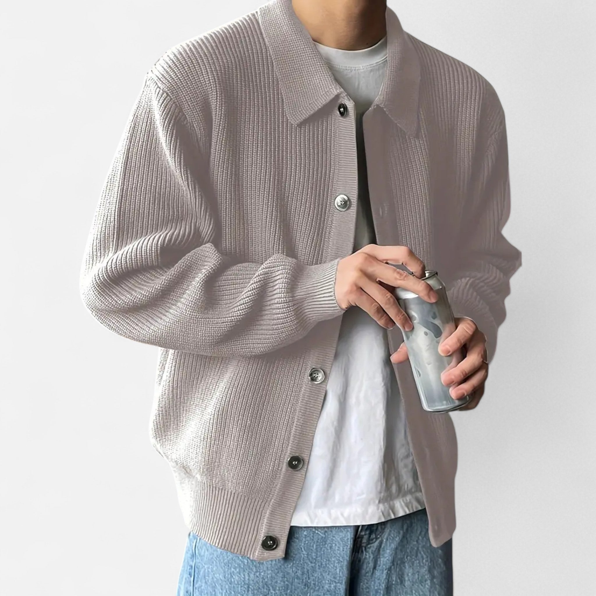 Men’s Academic Knit Cardigan Lapel Collar-Cardigan-Calvaro-Light Grey-S-ByCalvaro