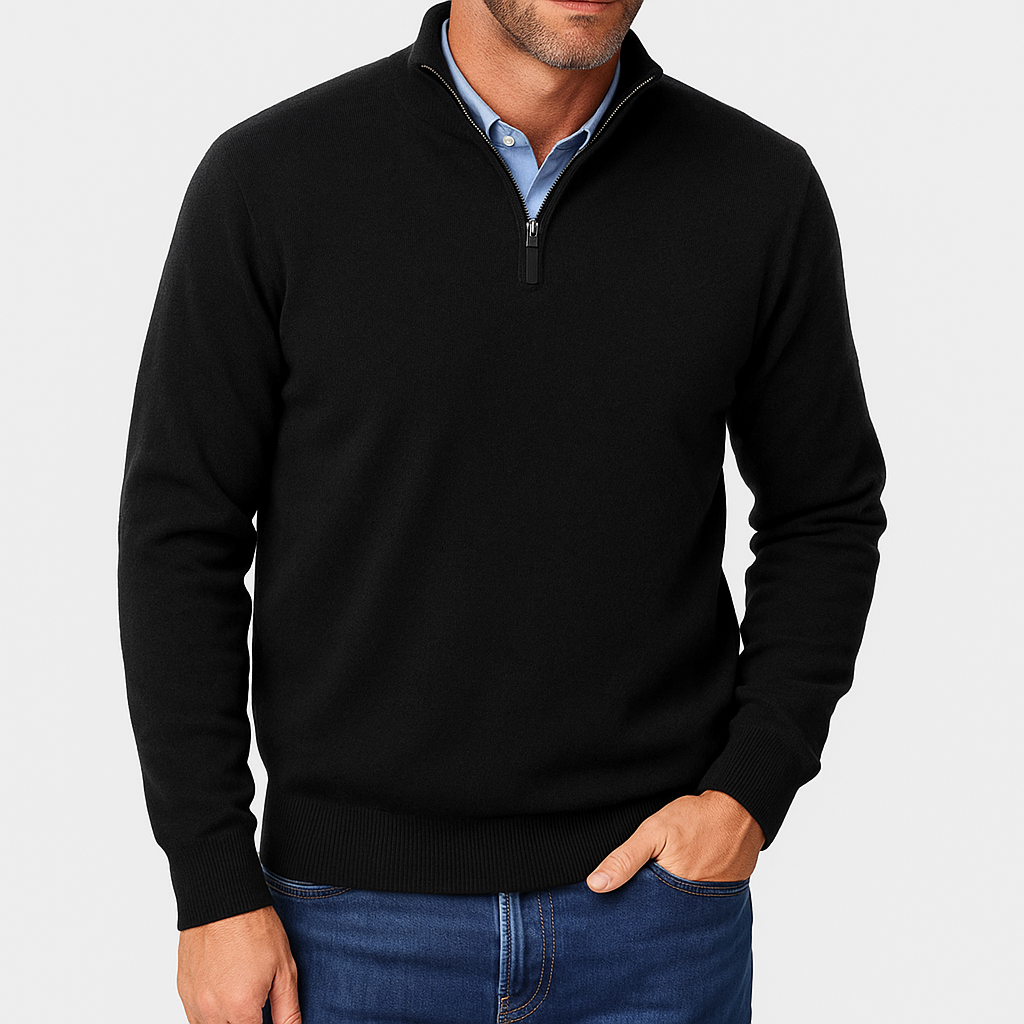 Mens Casual Quarter Zip Luxe Knit Top Sweater-Sweaters-Calvaro-Black-M-ByCalvaro