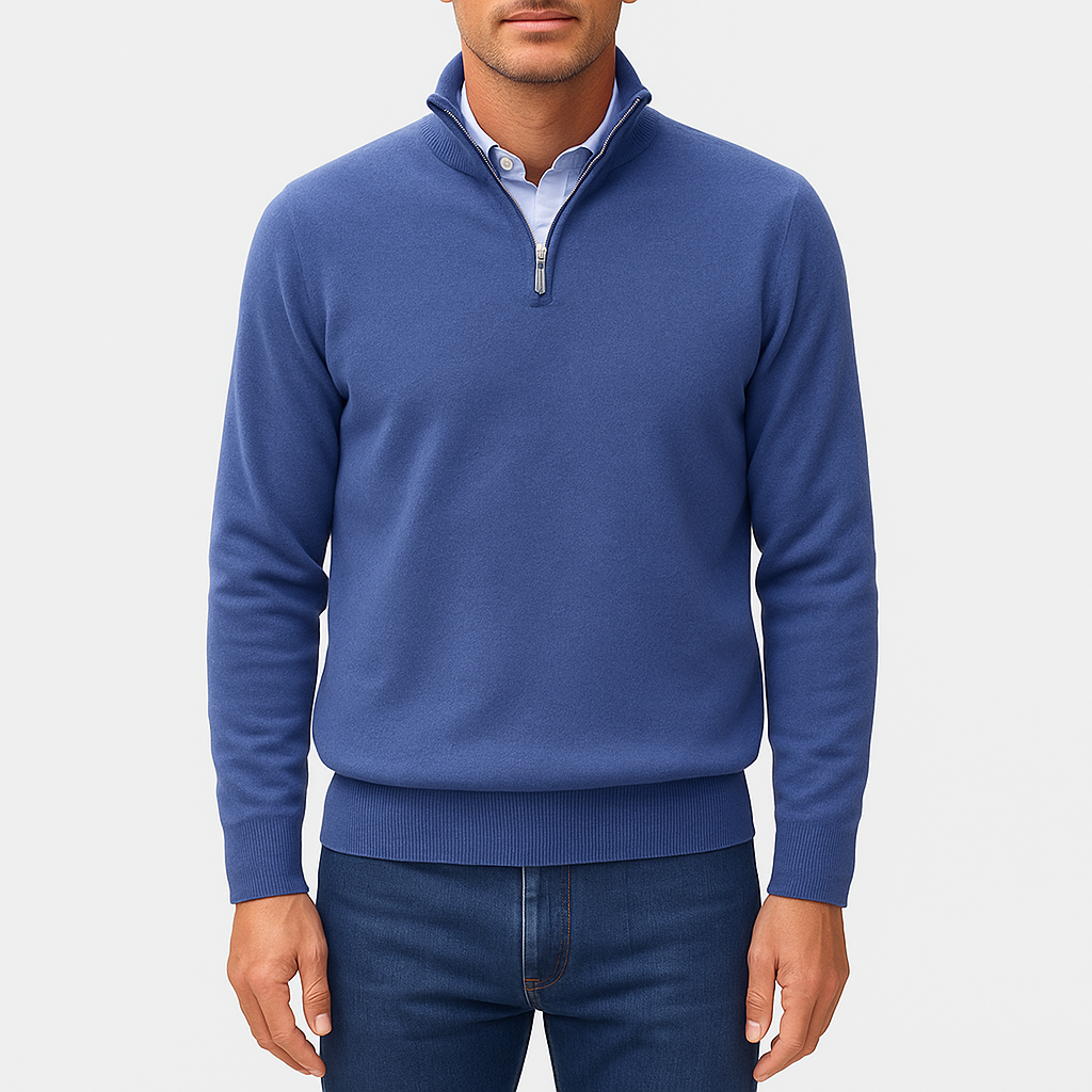 Mens Casual Quarter Zip Luxe Knit Top Sweater-Sweaters-Calvaro-Dark Blue-M-ByCalvaro