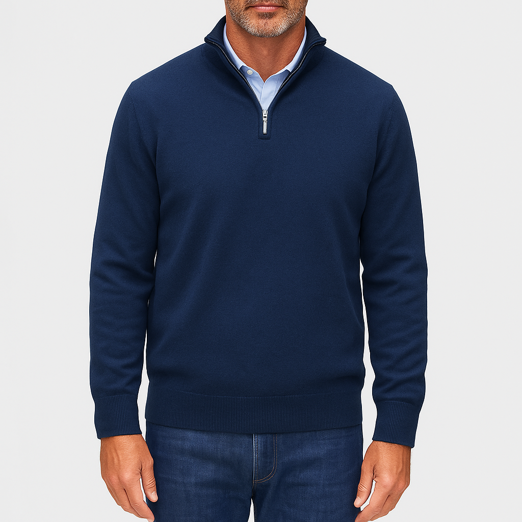 Mens Casual Quarter Zip Luxe Knit Top Sweater-Sweaters-Calvaro-Navy Blue-M-ByCalvaro