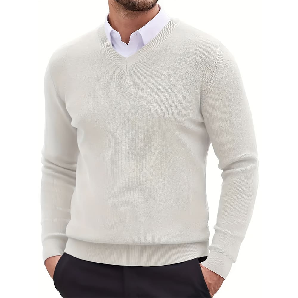 Men’s Casual V-Neck Sweater-Sweaters-Calvaro-White-S-ByCalvaro