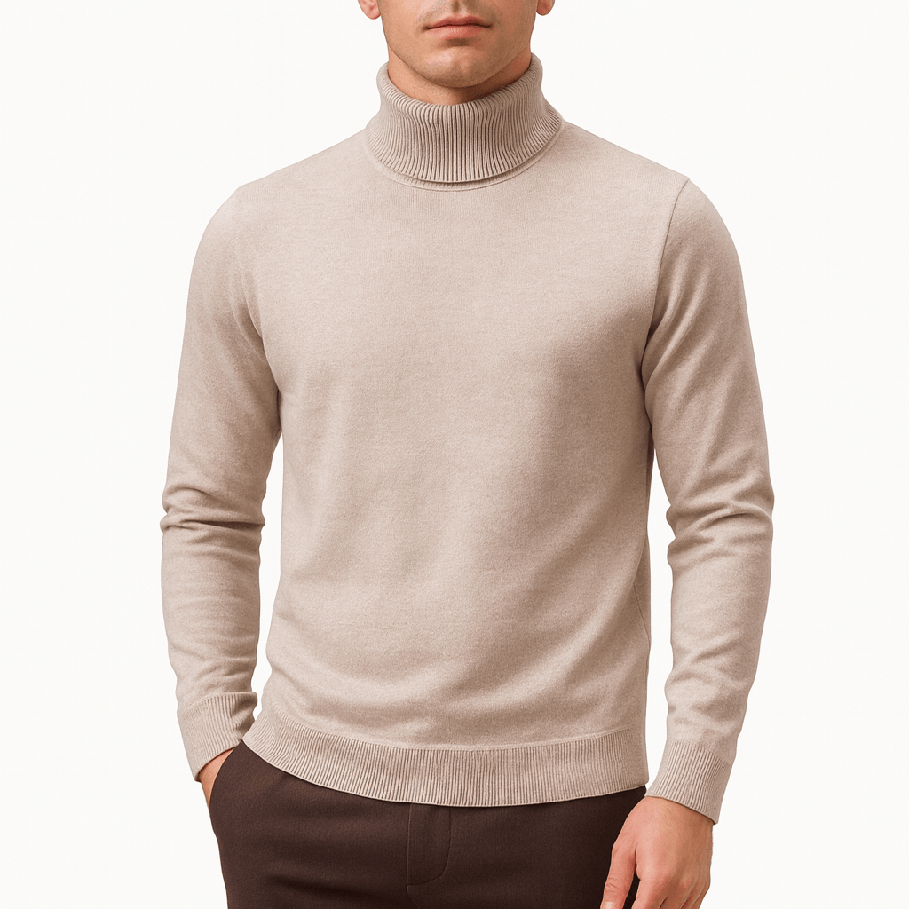Men's Classic Warm Knit Turtleneck Sweater-Sweaters-Calvaro-Beige-M-ByCalvaro