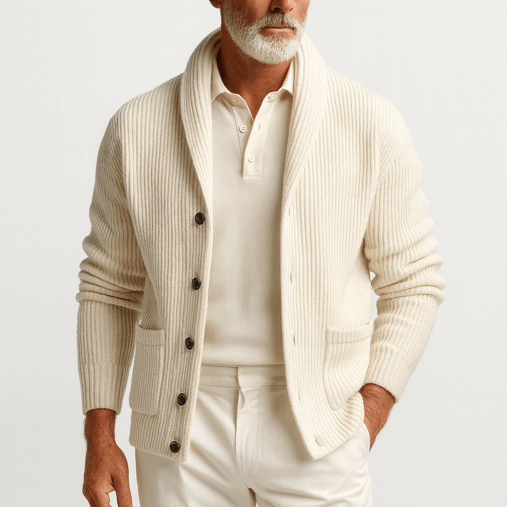 Men's Elegant Beige Shawl Collar Knit Cardigan-Cardigans-Calvaro-Beige-S-ByCalvaro