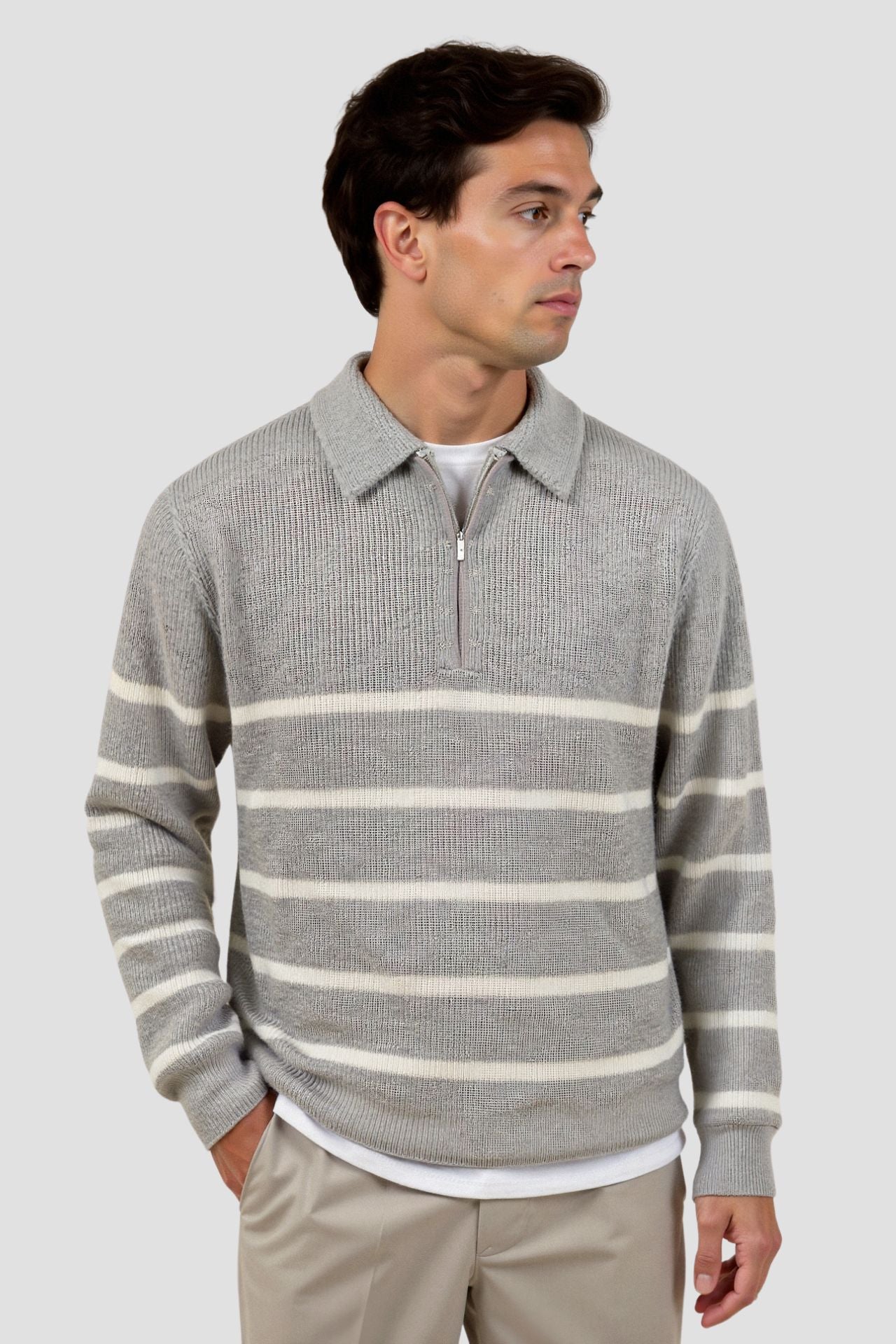 Men’s Half Zip Striped Knit Sweater-Men's Sweaters-Calvaro-ByCalvaro