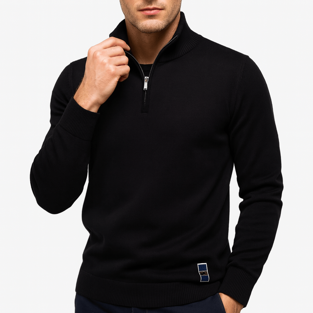 Men's Minimalist Quarter Zip Knitwear Sweater-Sweaters-Calvaro-Black-S-ByCalvaro