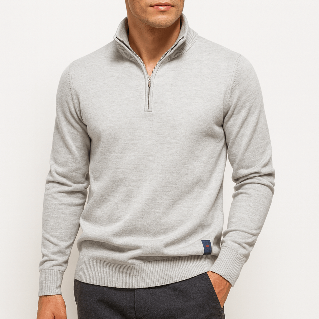 Men's Minimalist Quarter Zip Knitwear Sweater-Sweaters-Calvaro-Light Grey-S-ByCalvaro