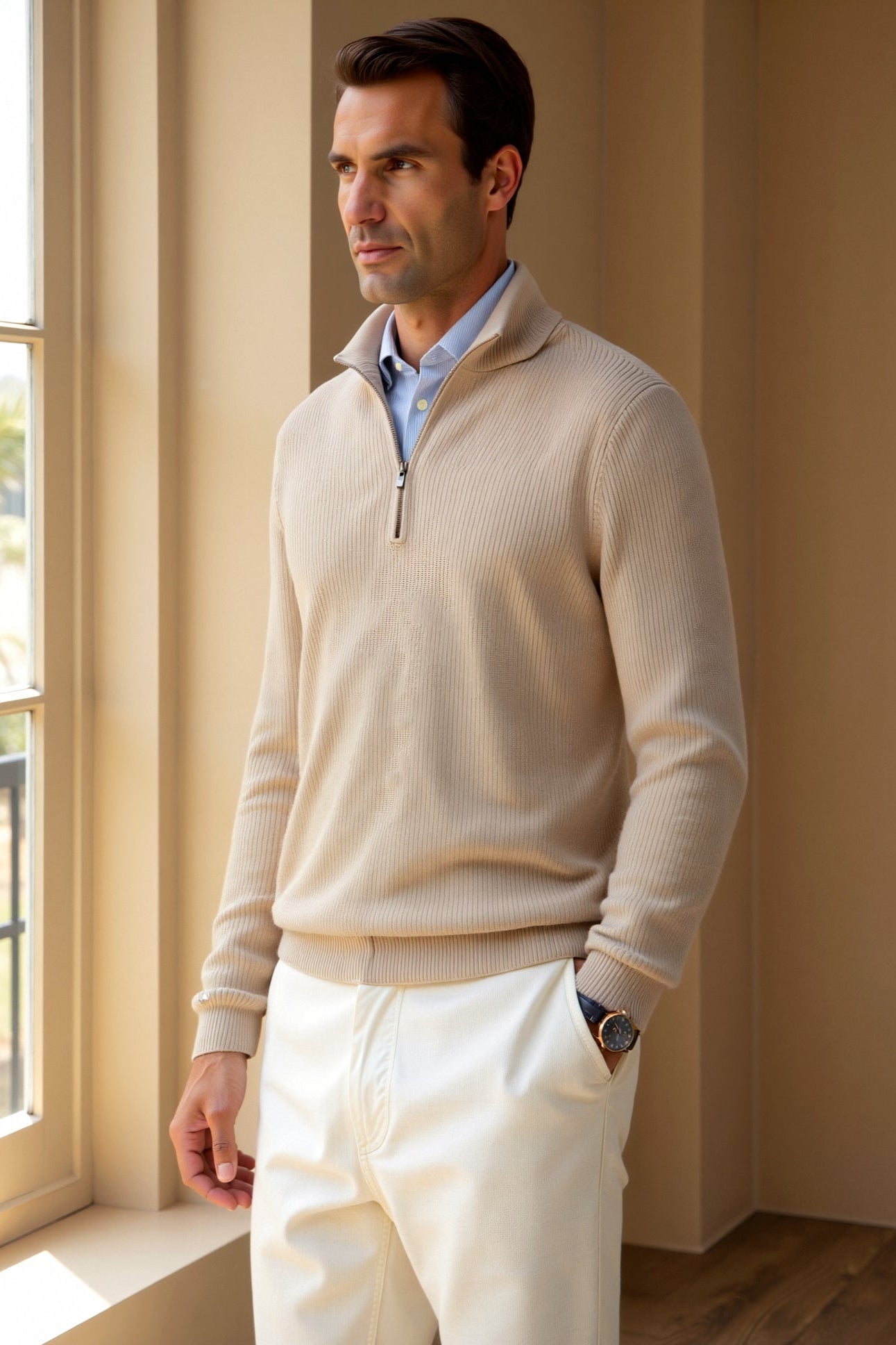 Men’s Quarter Zip Knit Sweater High Collar-Men's Sweaters-Calvaro-ByCalvaro