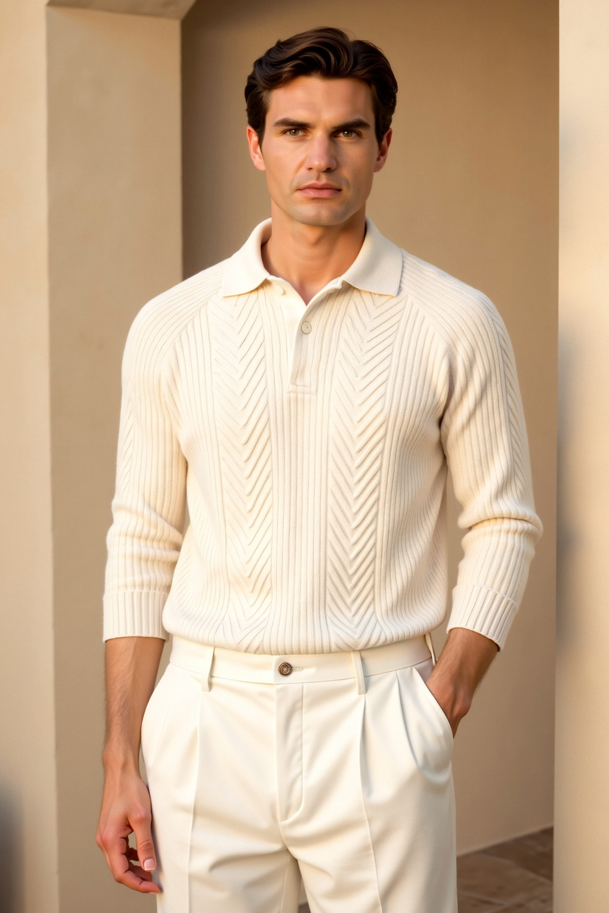 Men’s Ribbed Knit Sweater Polo Collar-Men's Sweaters-Calvaro-ByCalvaro
