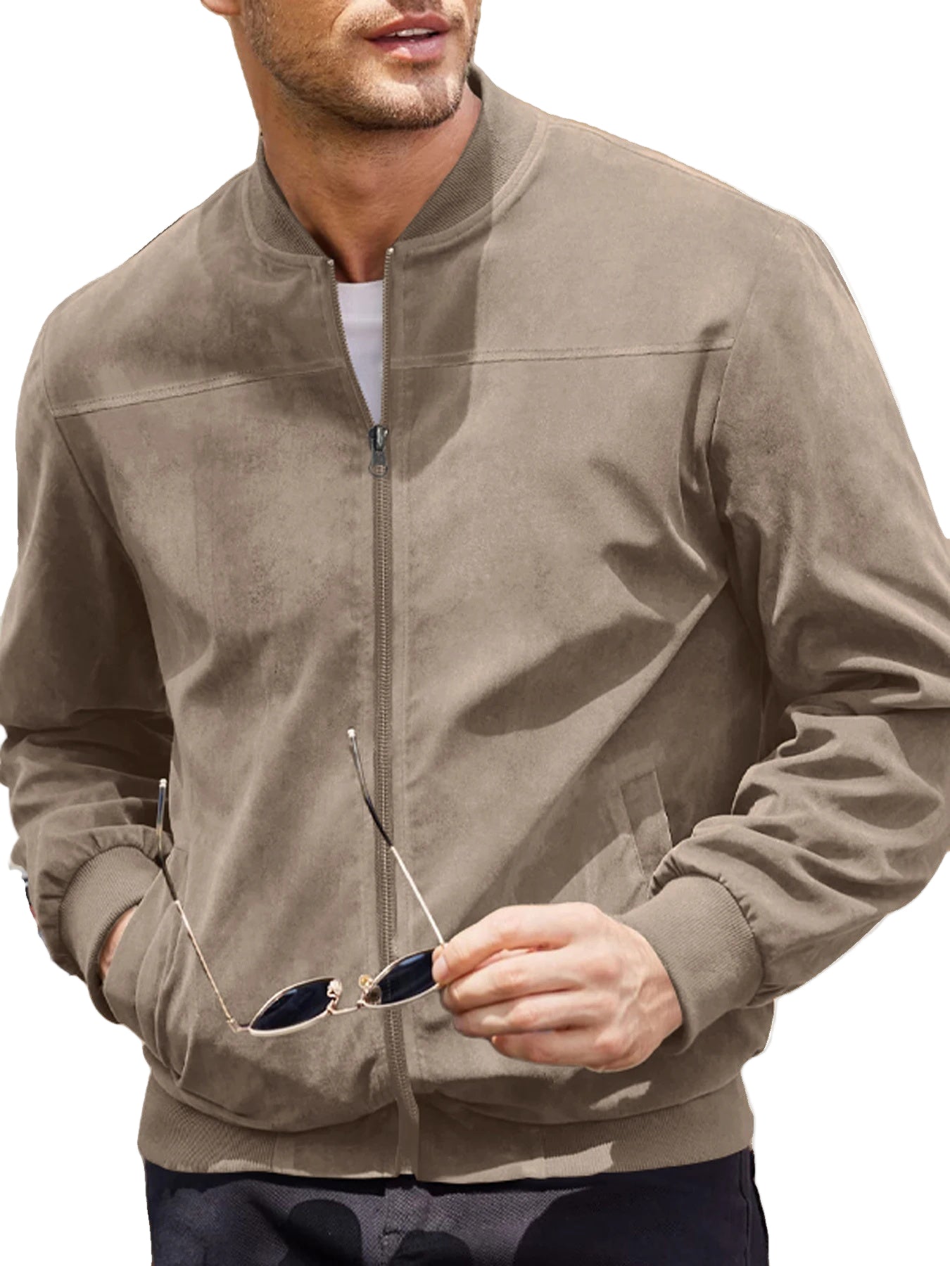 Men's Slim Fit Suede Bomber Jacket-Jackets-Calvaro-ByCalvaro