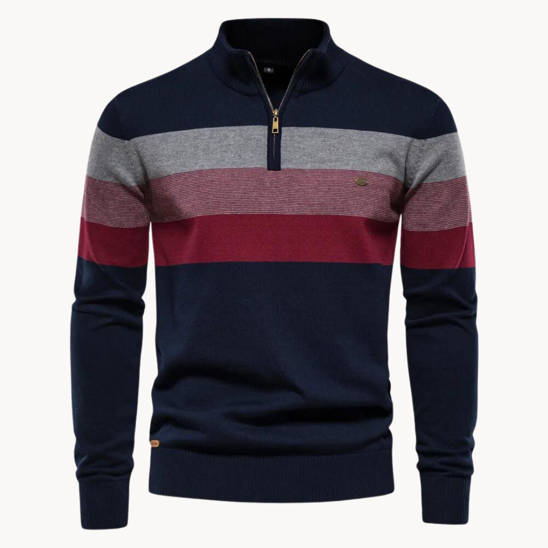Men’s Striped Quarter Zip Sweater-Sweaters-Calvaro-ByCalvaro