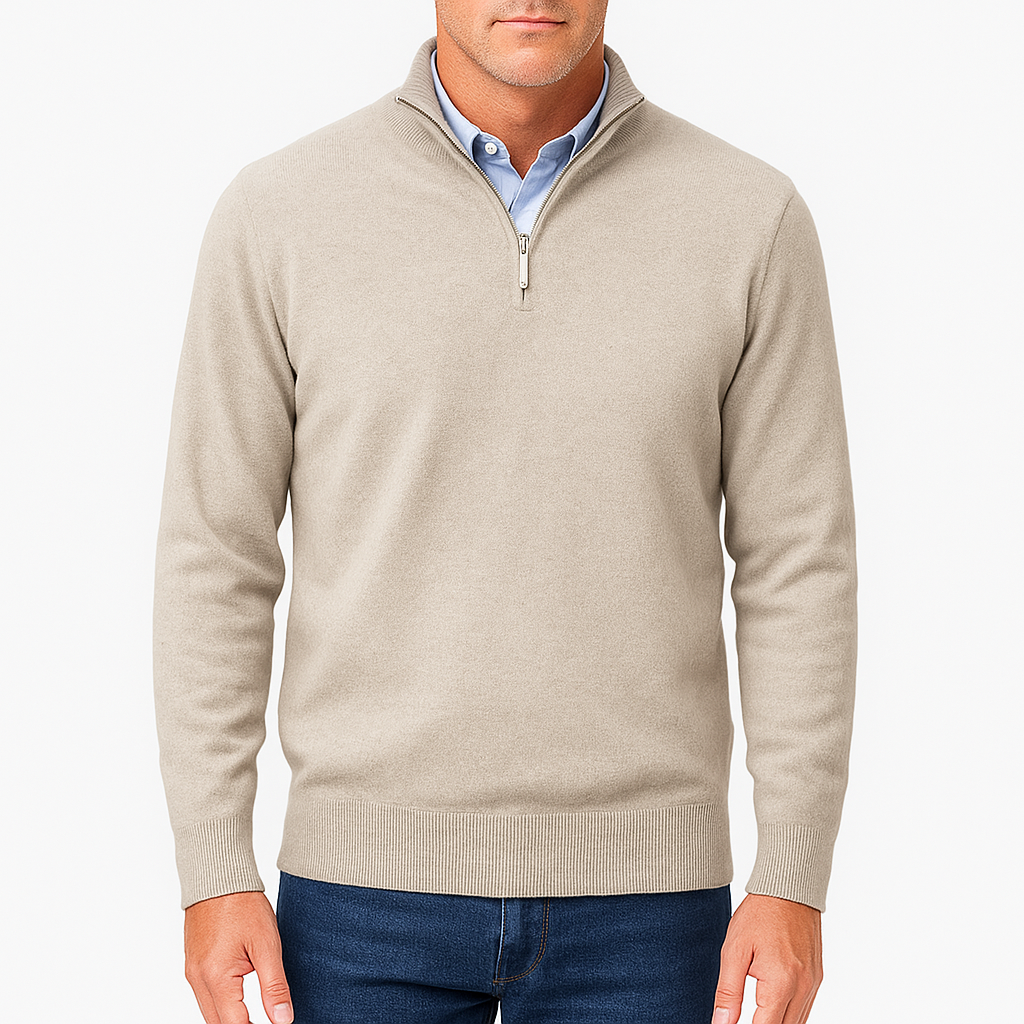Mens Casual Quarter Zip Luxe Knit Top Sweater-Sweaters-Calvaro-Beige-M-ByCalvaro