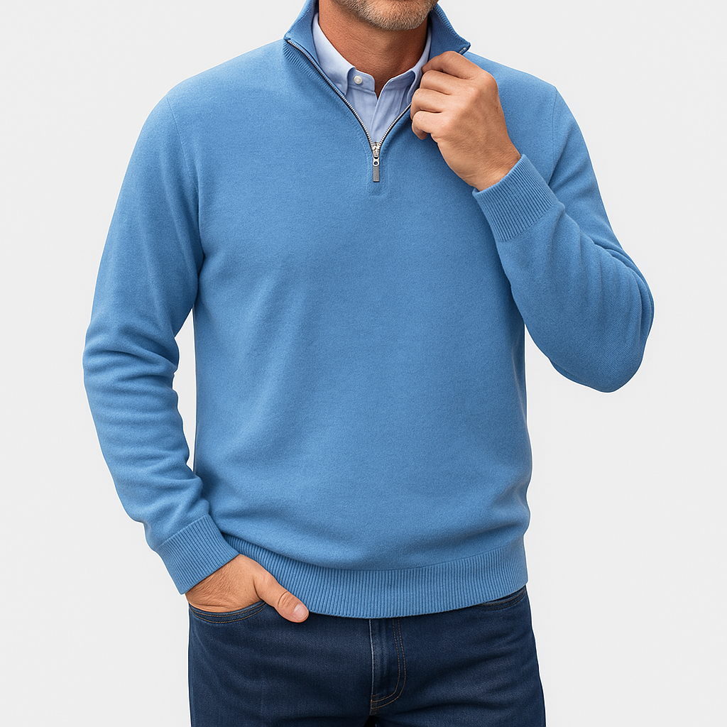 Mens Casual Quarter Zip Luxe Knit Top Sweater-Sweaters-Calvaro-Blue-M-ByCalvaro