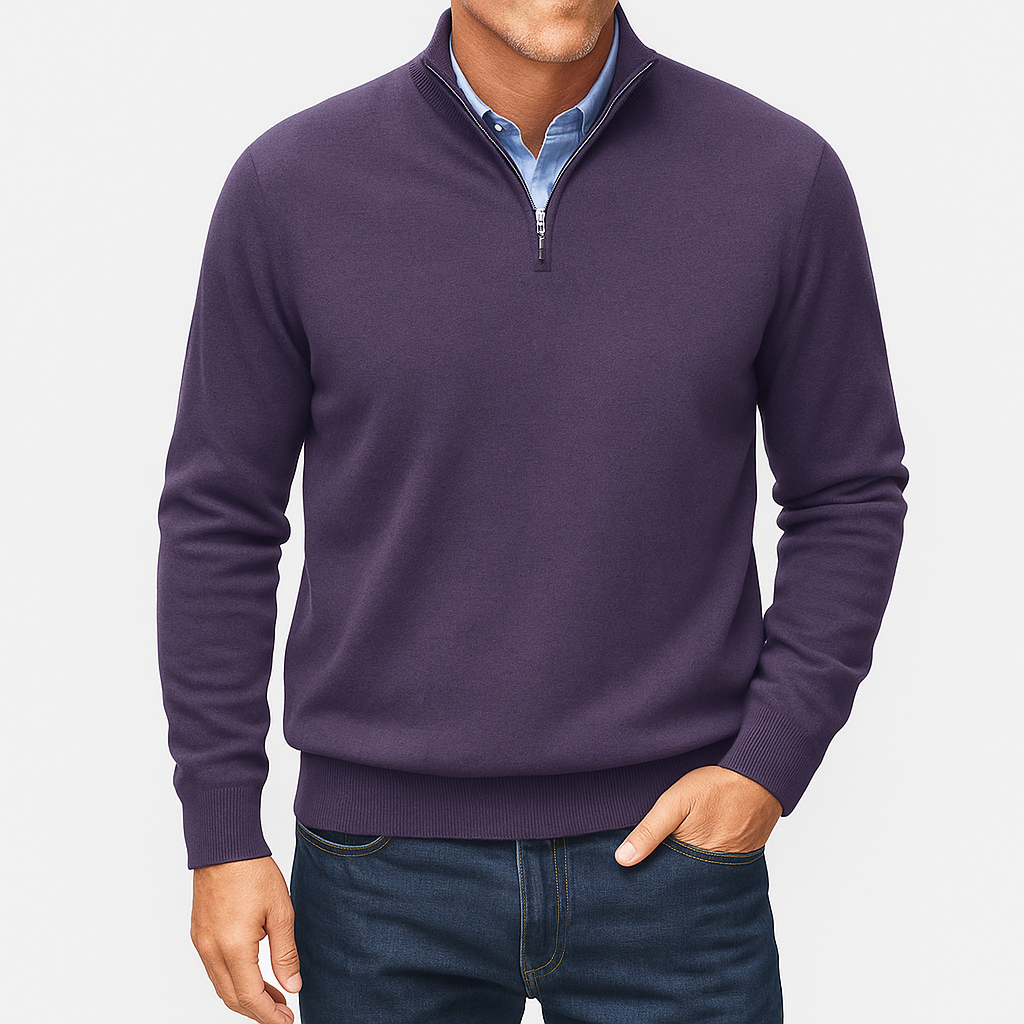 Mens Casual Quarter Zip Luxe Knit Top Sweater-Sweaters-Calvaro-Dark Purple-M-ByCalvaro