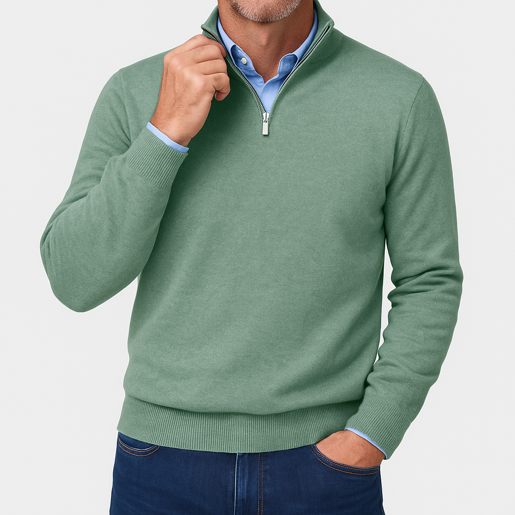 Mens Casual Quarter Zip Luxe Knit Top Sweater-Sweaters-Calvaro-Green-M-ByCalvaro
