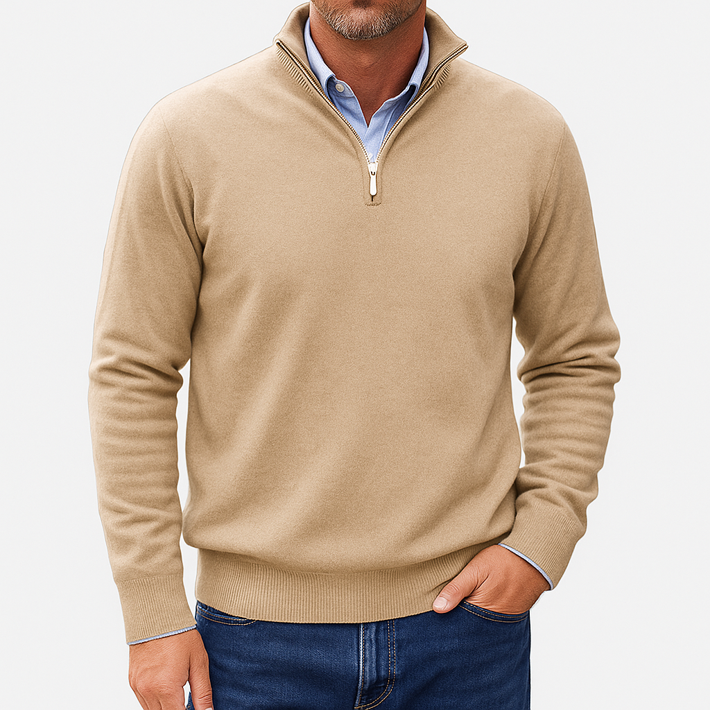 Mens Casual Quarter Zip Luxe Knit Top Sweater-Sweaters-Calvaro-Khaki-M-ByCalvaro