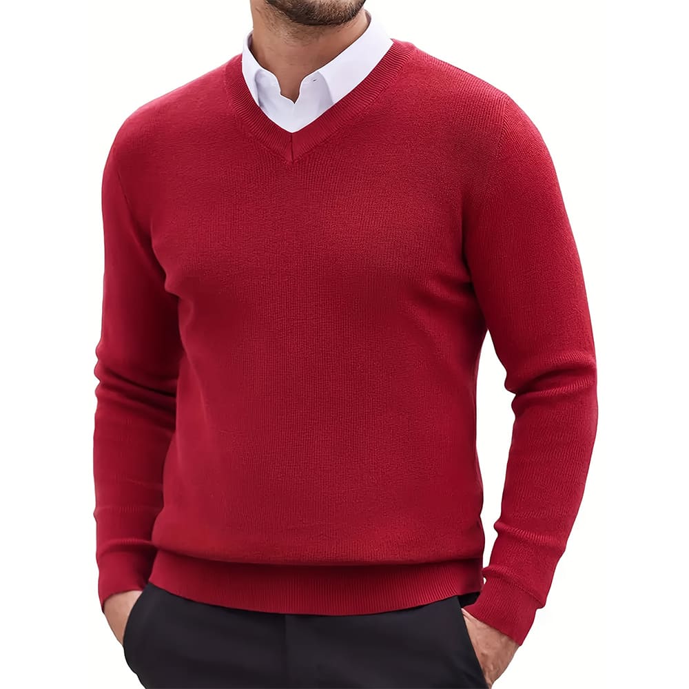 Men’s Casual V-Neck Sweater-Sweaters-Calvaro-Red-S-ByCalvaro