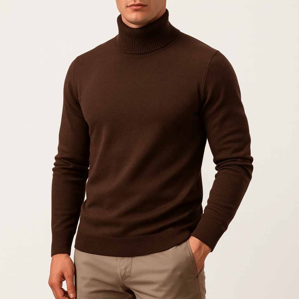 Men's Classic Warm Knit Turtleneck Sweater-Sweaters-Calvaro-Brown-M-ByCalvaro