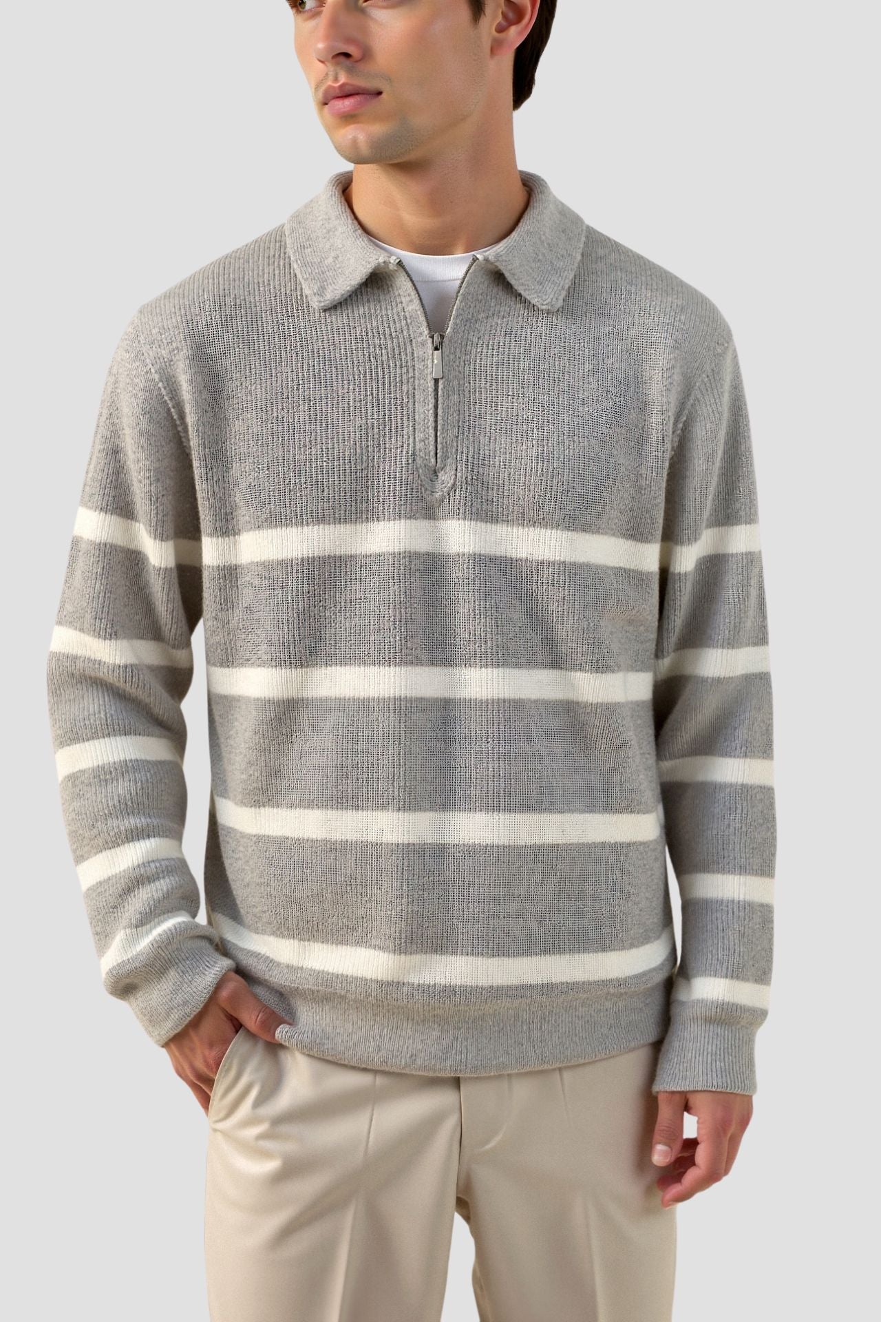 Men’s Half Zip Striped Knit Sweater-Men's Sweaters-Calvaro-ByCalvaro