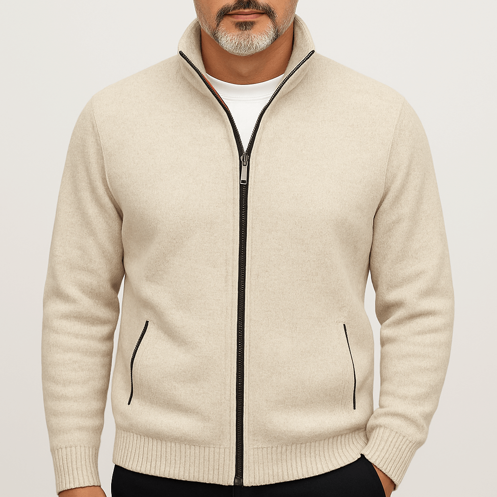 Men's High Collar Zip Up Cardigan Knitwear Style-Cardigans-Calvaro-Beige-S-ByCalvaro