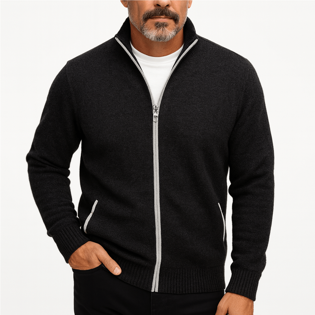 Men's High Collar Zip Up Cardigan Knitwear Style-Cardigans-Calvaro-Black-S-ByCalvaro