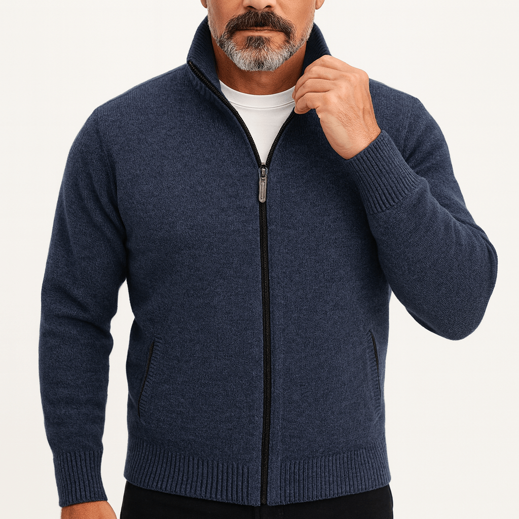 Men's High Collar Zip Up Cardigan Knitwear Style-Cardigans-Calvaro-Blue-S-ByCalvaro