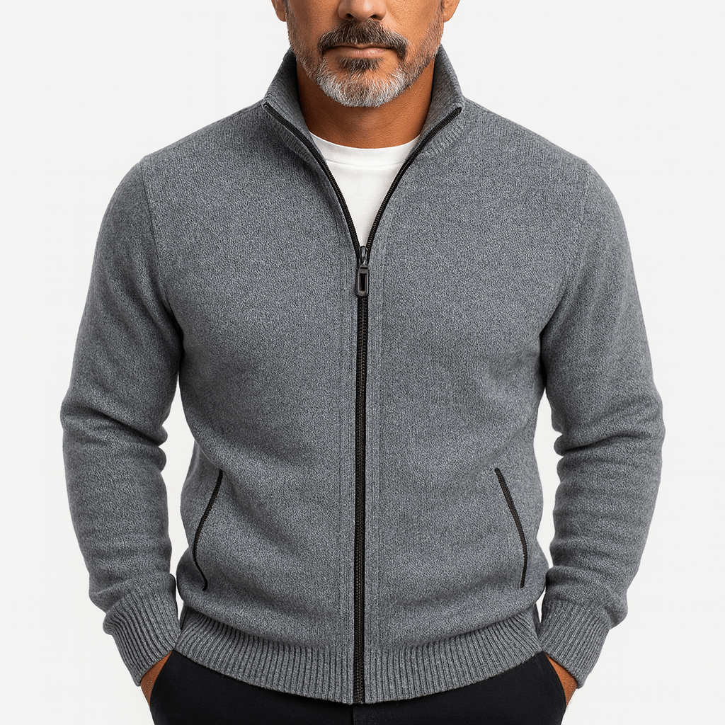 Men's High Collar Zip Up Cardigan Knitwear Style-Cardigans-Calvaro-Light Grey-S-ByCalvaro