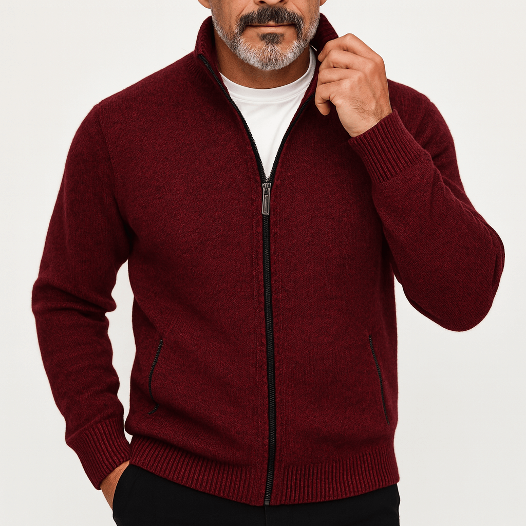Men's High Collar Zip Up Cardigan Knitwear Style-Cardigans-Calvaro-Red-S-ByCalvaro