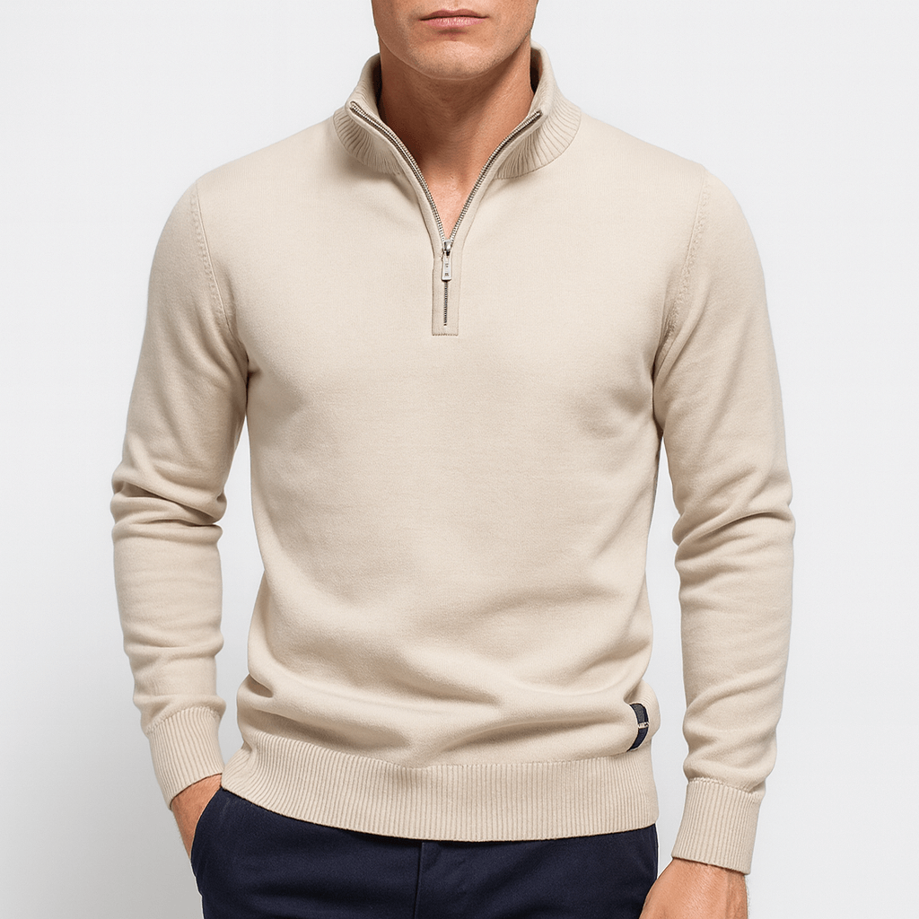 Men's Minimalist Quarter Zip Knitwear Sweater-Sweaters-Calvaro-Beige-S-ByCalvaro