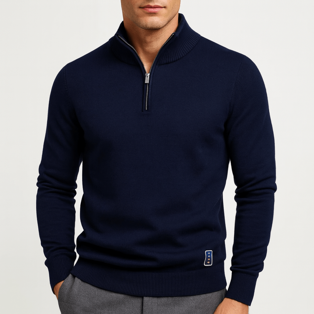 Men's Minimalist Quarter Zip Knitwear Sweater-Sweaters-Calvaro-Navy Blue-S-ByCalvaro