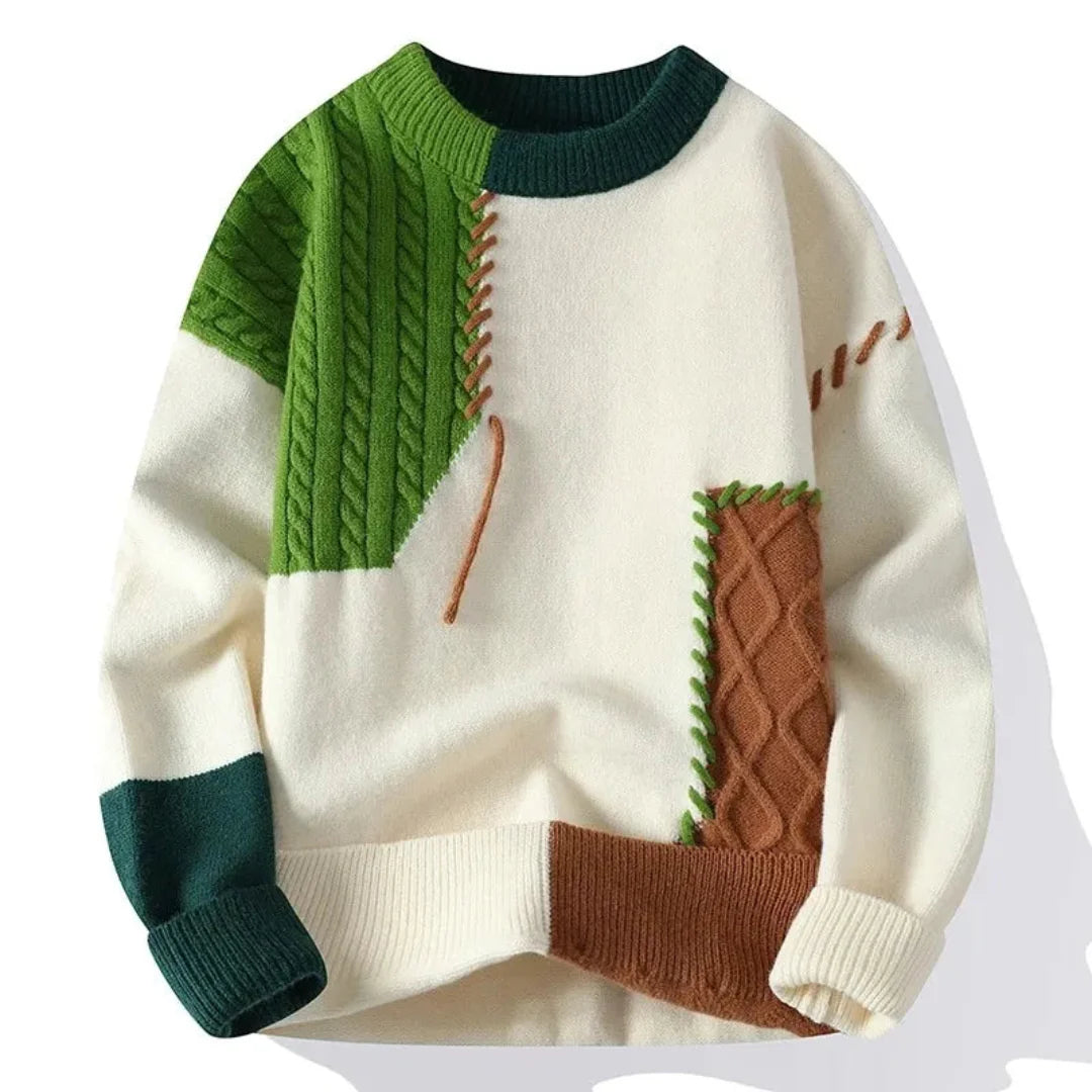 Men’s Patchwork Sweater Loose Fit-Sweaters-Calvaro-Green-M-ByCalvaro