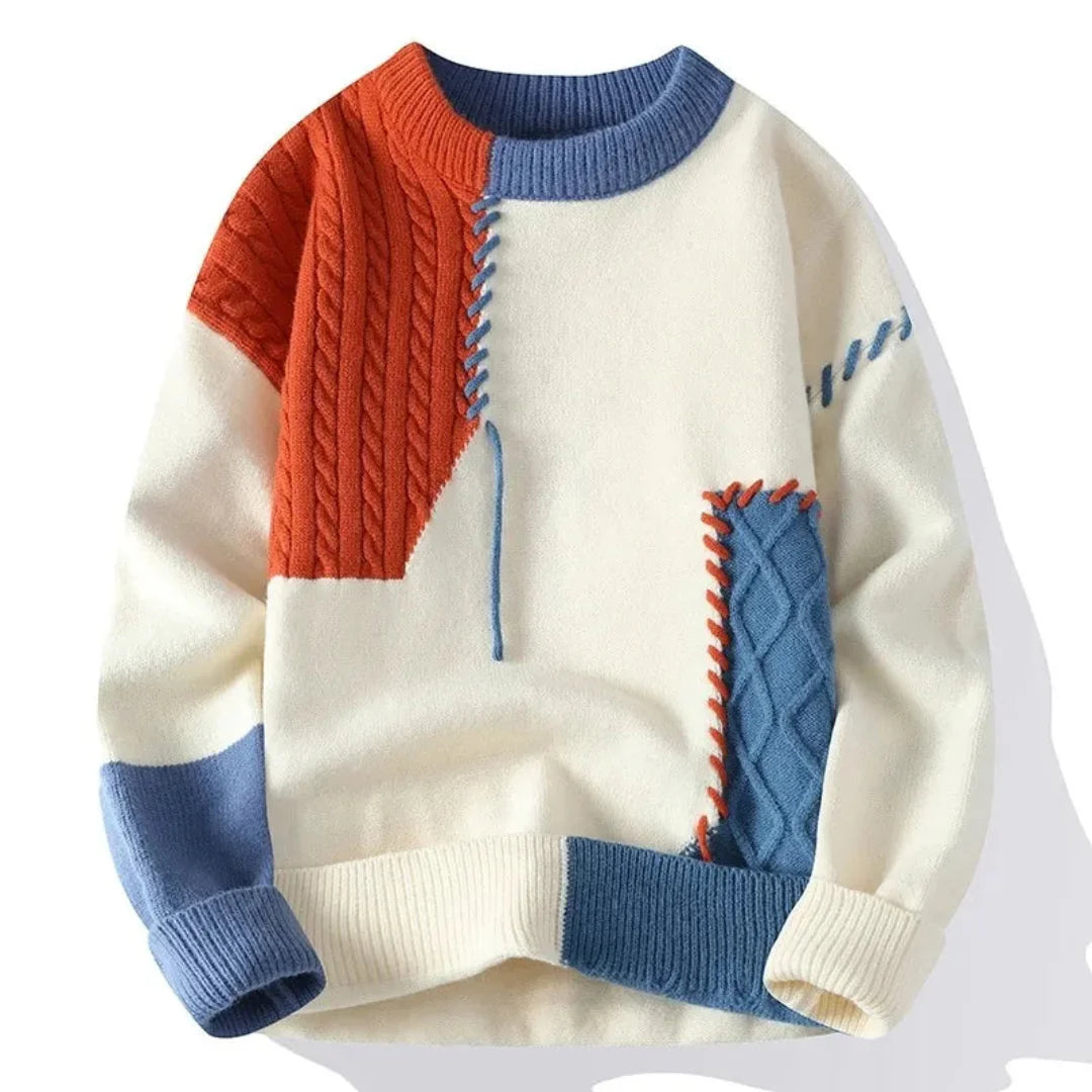 Men’s Patchwork Sweater Loose Fit-Sweaters-Calvaro-Orange-M-ByCalvaro