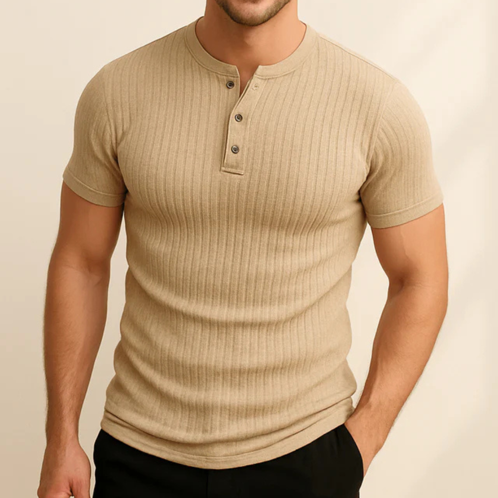 Men's Ribbed Short Sleeve Shirt Top-Shirts-Calvaro-Khaki-S-ByCalvaro