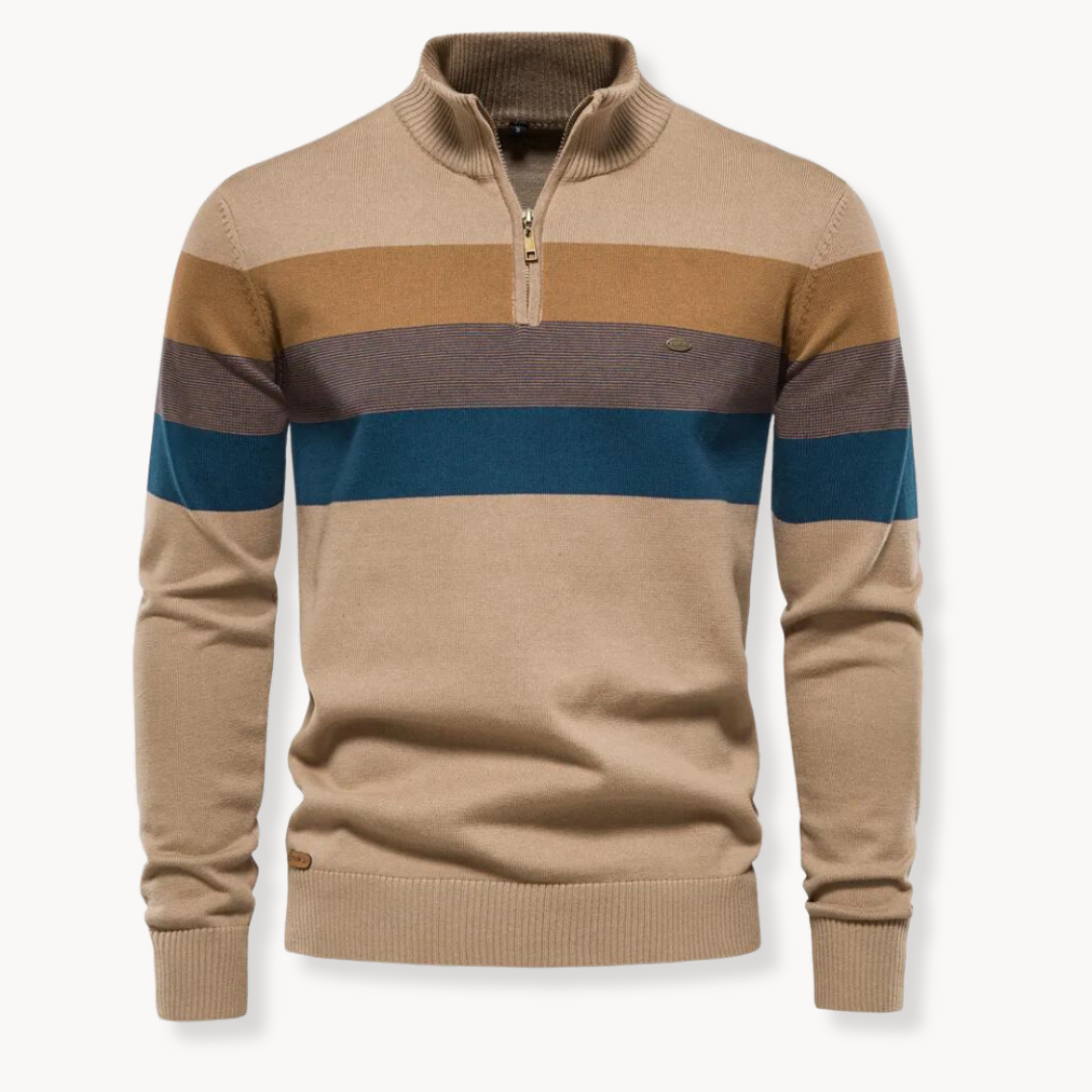 Men’s Striped Quarter Zip Sweater-Sweaters-Calvaro-ByCalvaro